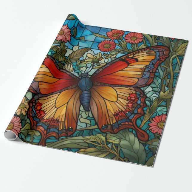 Papier Cadeau Elegant stain glass butterfly garden (Déroulé)