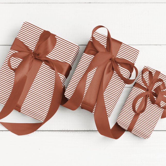 Papier Cadeau Élégant Terracotta mince rayé (Elegant Striped Terracotta and White Wrapping Paper. Chic Fall Color, Ideal for Autumn Birthday)