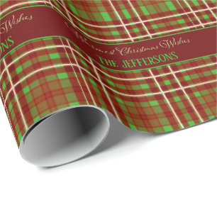 Papier Cadeau Élégant texte rouge et vert de Noël en tartan plai