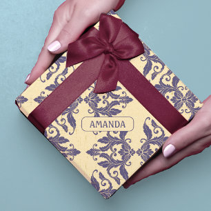 Papier Cadeau Élégant Toile de Damas Bleu Nuit Jaune Vintage