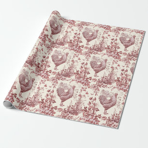 Papier Cadeau Elégant Toile Vintage Rooster Rouge Floral
