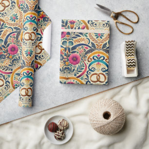Papier Cadeau Élégant Tons de Bijoux avec Alliance Entrelacée de