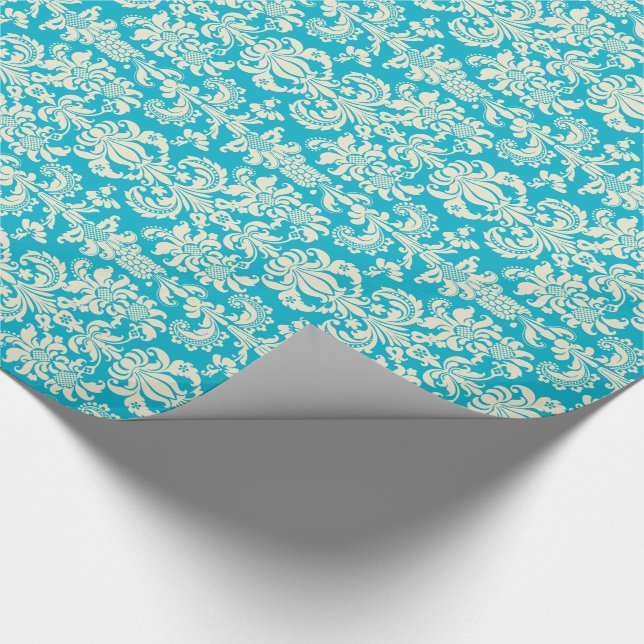 Papier Cadeau Elégant Turquoise Et Crème Floral Damas (Coin)
