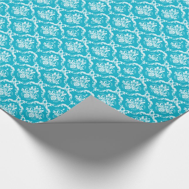 Papier Cadeau Elégant Turquoise Et Crème Floral Damas (Coin)