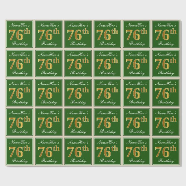 Papier Cadeau Elégant, Vert, Doré Faux 76e Anniversaire + Nom (Plat)