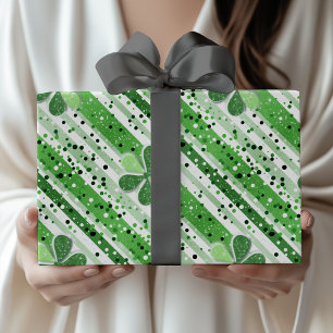 Papier Cadeau Élégant Vert et Blanc Rayures Trèfle Paillettes