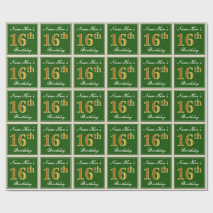 Papier Cadeau Elégant, vert, Faux Gold 16e anniversaire + Nom