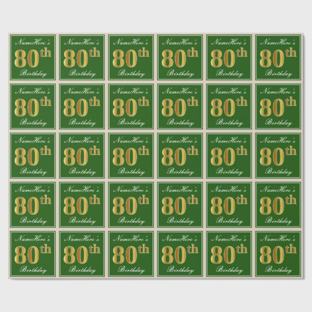 Papier Cadeau Elégant, vert, Faux Gold 80e anniversaire + Nom (Plat)