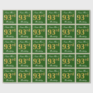Papier Cadeau Elégant, Vert, Faux Gold 93ème anniversaire + Nom