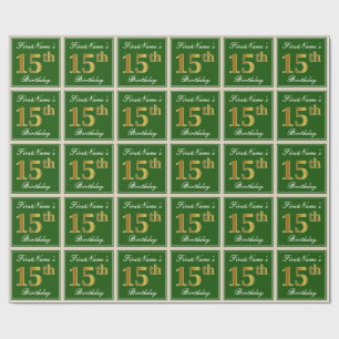 Papier Cadeau Elégant, Vert, Faux Or 15ème anniversaire + Nom