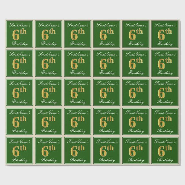 Papier Cadeau Élégant, Vert, Faux Or 6ème anniversaire + Nom (Plat)