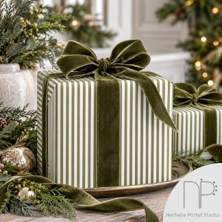 Papier Cadeau Élégant vert olive et blanc mince rayé