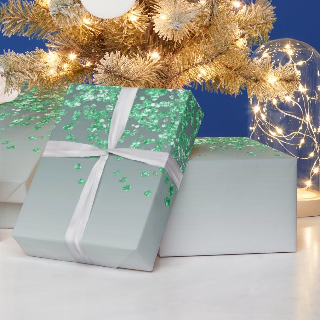 Papier Cadeau Élégant Vert Paillettes Ombre en Cascade  (Vacances)