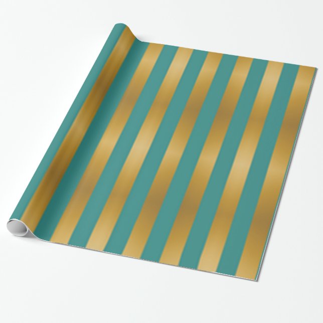 Papier Cadeau Élégant Vert Rayé Or Vacances (Déroulé)