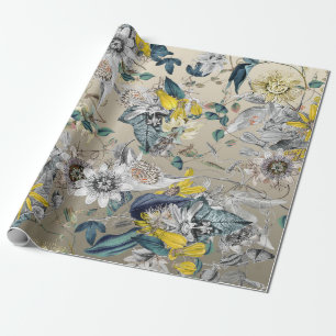 Papier Cadeau Élégant Vintage moderne gris or jaune floral