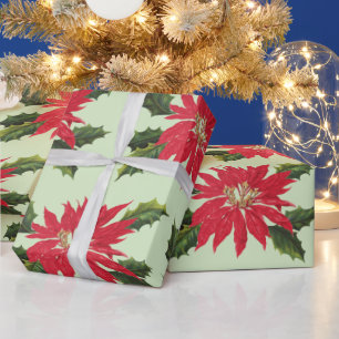 Papier Cadeau Elégant Vintage Poinsettia Fleurs de Noël Sage