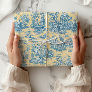 Papier Cadeau Élégant vintage toile de Jouy sarcelle jaune