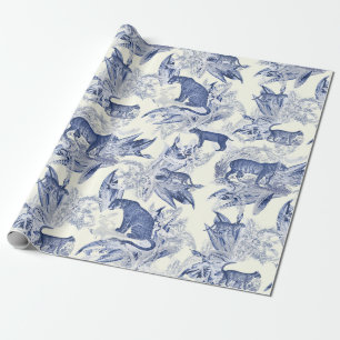 Papier Cadeau Elégant Vintage Tropical Tiger Blue Toile Motif