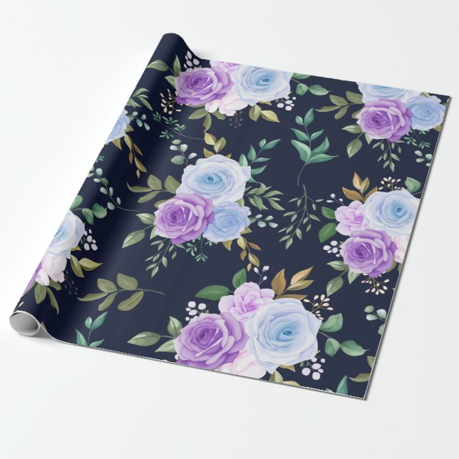 Papier Cadeau Élégant violet, bleu floral (Déroulé)