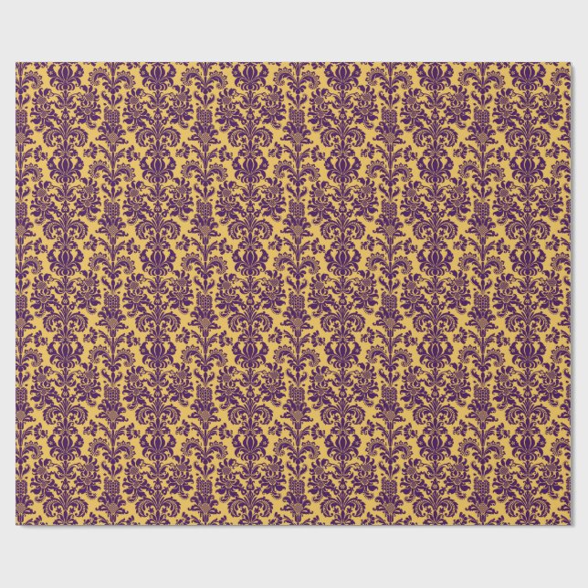 Papier Cadeau Élégant violet floral Damas Arrière - plan jaune (Plat)