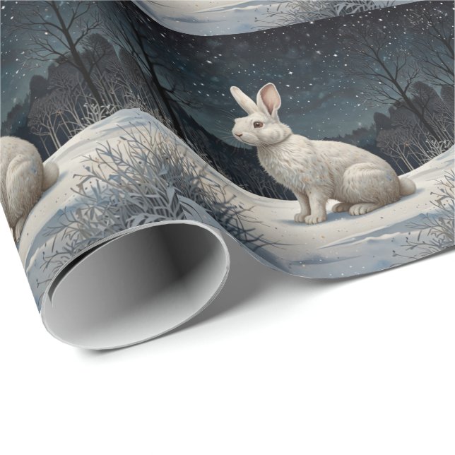 Papier Cadeau Elegant white rabbit Christmas snowy woodland  (Coin rond)