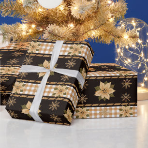 Papier Cadeau Élégant Xmas Or Poinsettia Carreaux Noir TMF26