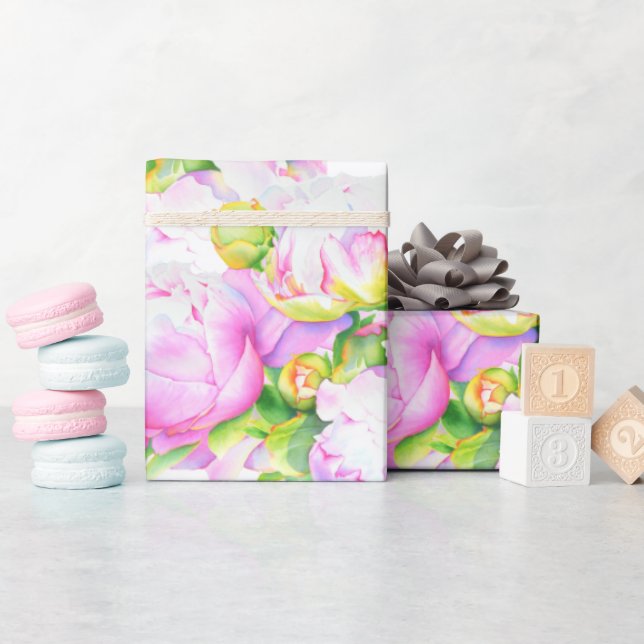 Papier Cadeau Elégante aquarelle fleurie de pivoine rose (Baby Shower)