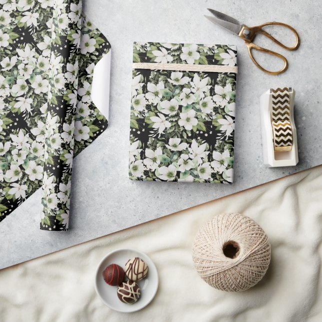 Papier Cadeau Elégante aquarelle florale noir et blanc (Artisanat)