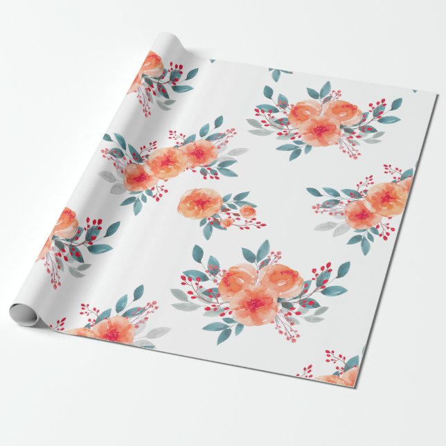 Papier Cadeau Elégante Aquarelle florale orange (Déroulé)