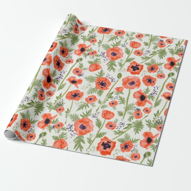 Papier Cadeau Elégante Aquarelle Orange Pavot Motif Floral (Déroulé)