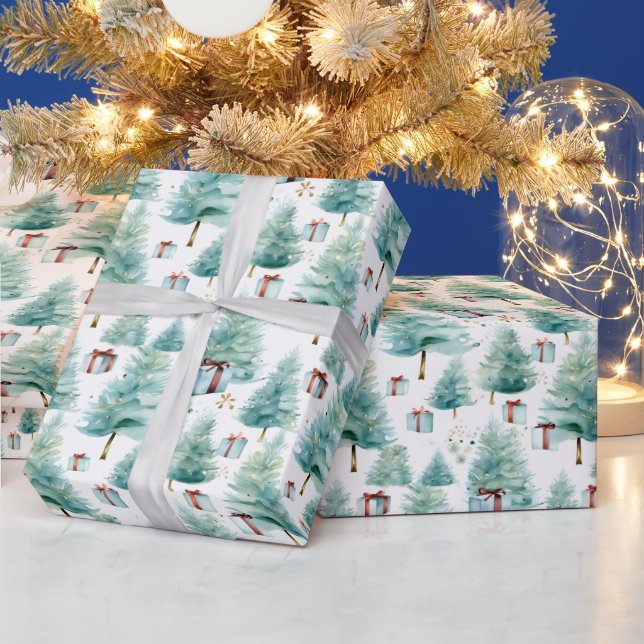 Papier Cadeau Elégante aquarelle Turquoise Arbres de Noël avec c (Vacances)