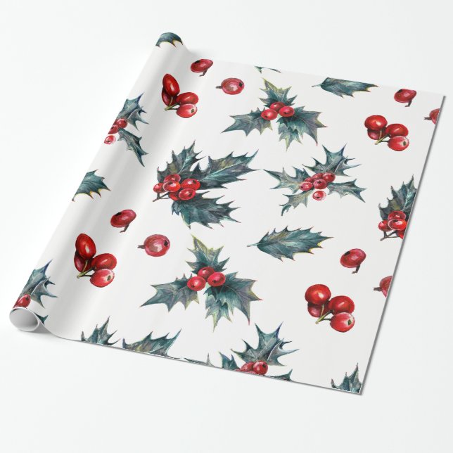 Papier Cadeau Élégante baie de houx vacances Noël rustique (Déroulé)