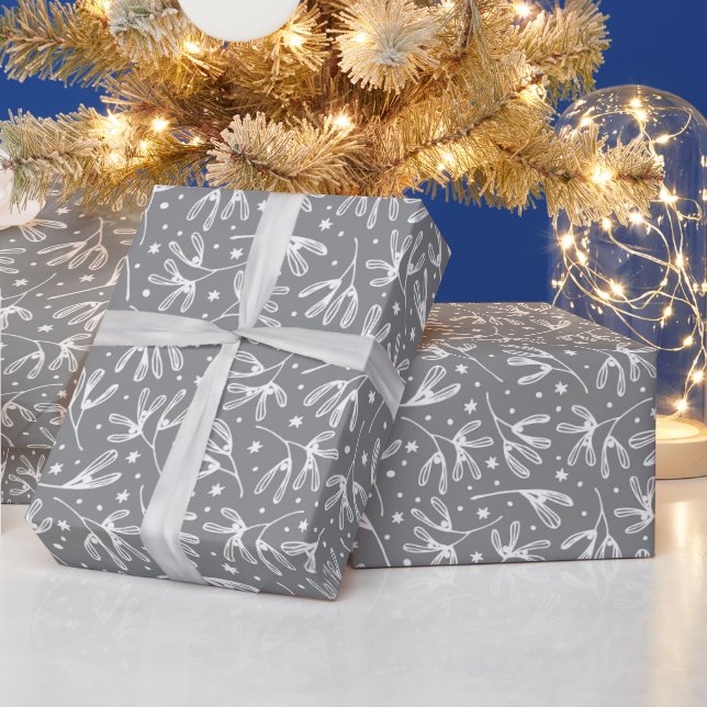 Papier Cadeau Élégante Botanique d'hiver Gris & Blanc Mistletoe (Vacances)