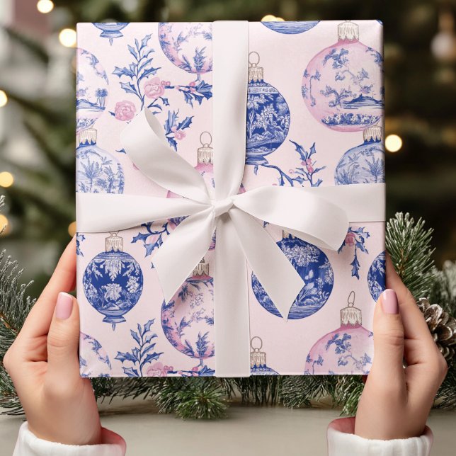 Papier Cadeau Élégante Chinoiserie Bleu et rose ornement de Noël (Créateur téléchargé)