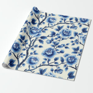 Papier Cadeau Elégante Chinoiserie Bleue Motif Floral Design