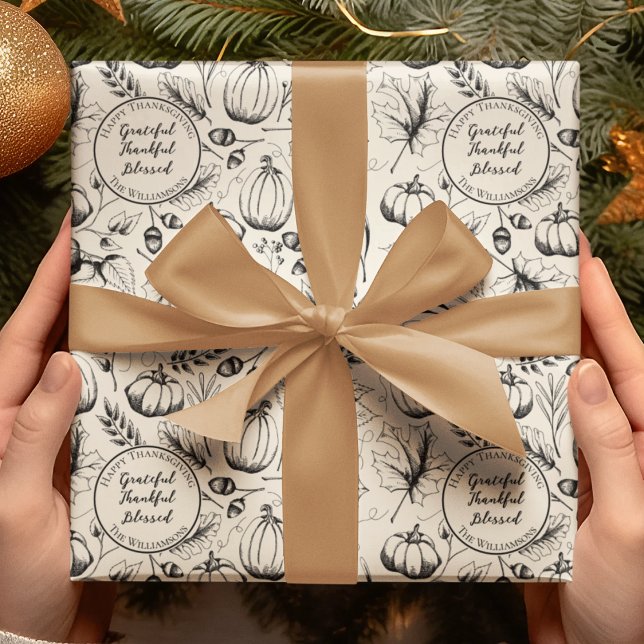 Papier Cadeau Elégante crème Automne Harvest Citrouilles sur mes (Elegant Custom "Happy Thanksgiving" Hand-Drawn Fall Harvest Wrapping Paper. Pumpkins & Autumn Leaves)