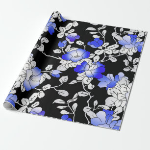 Papier Cadeau Elégante décolpage bleu blanc noir floral