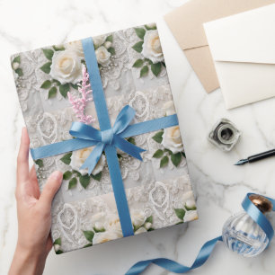 Papier Cadeau Elégante Dentelle Mariage Blanche Et Roses,