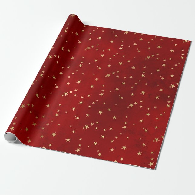 Papier Cadeau Élégante étoile rouge et or de Noël motif (Déroulé)
