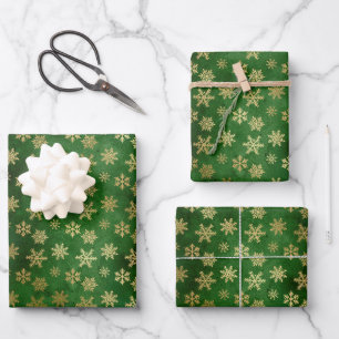 Papier Cadeau Élégante feuille d'or vert flocons de neige motif 