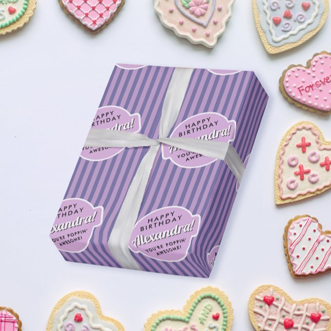 Papier Cadeau Élégante fille rose pourpre Popcorn Motif rayé (Créateur téléchargé)