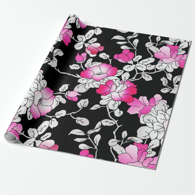 Papier Cadeau Elégante Fuchsia Rose Blanc Noir Floral Découpage (Déroulé)