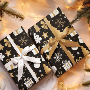 Papier Cadeau Élégante ligne artistique Noël noir or blanc