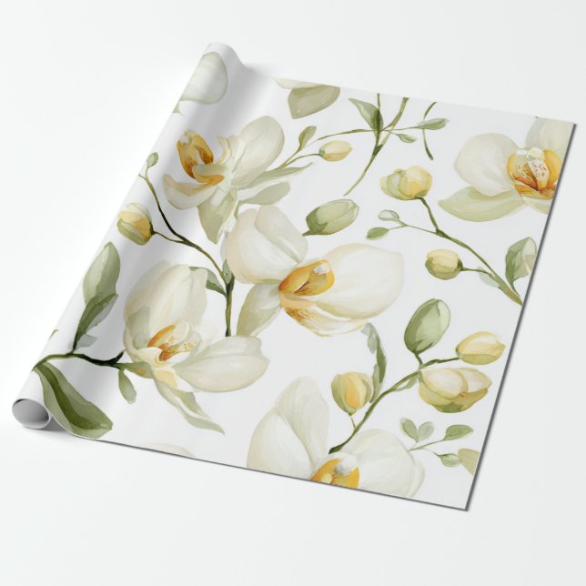 Papier Cadeau Élégante Orchidée Blanche Florale Botanique  (Déroulé)