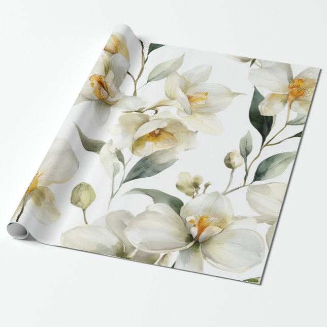 Papier Cadeau Élégante Orchidée Blanche Florale Botanique  (Déroulé)