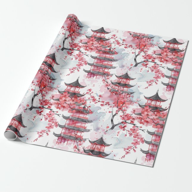 Papier Cadeau Élégante Pagode Chinoise Fleur de Cerisier (Déroulé)
