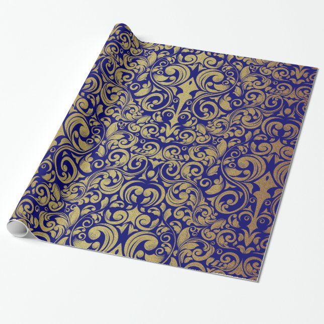 Papier Cadeau Elégante Parties scintillant or Royal Blue Damask (Déroulé)
