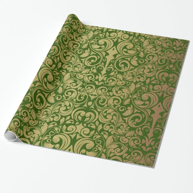 Papier Cadeau Elégante Parties scintillant or Royal Green Damask (Déroulé)