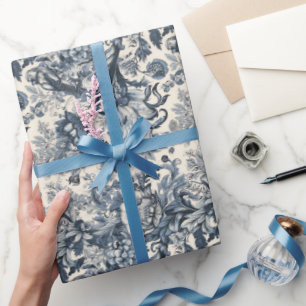 Papier Cadeau Elégante Toile Florale Vintage Bleue Fleurie