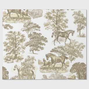 Papier Cadeau Élégante toile vintage beige or chevaux
